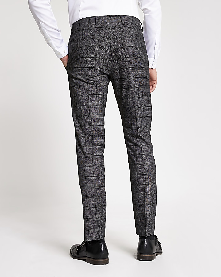 Dark grey check stretch skinny suit trousers
