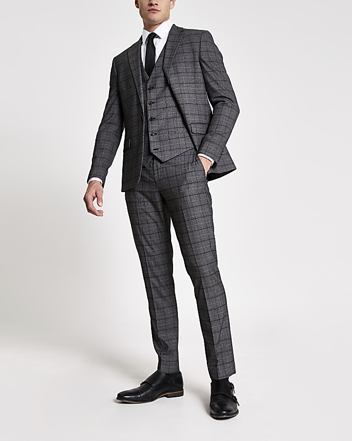 Dark grey check stretch skinny suit trousers