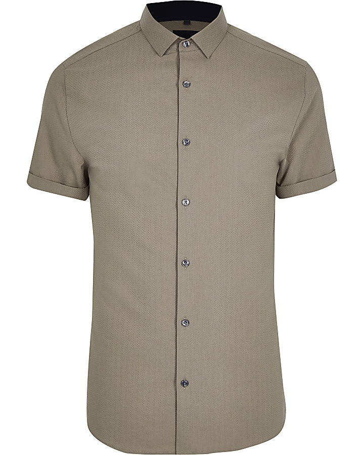 Brown textured slim fit short sleeve shirt