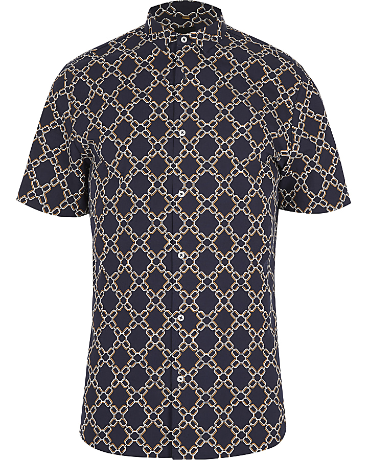 Navy chain print slim fit shirt