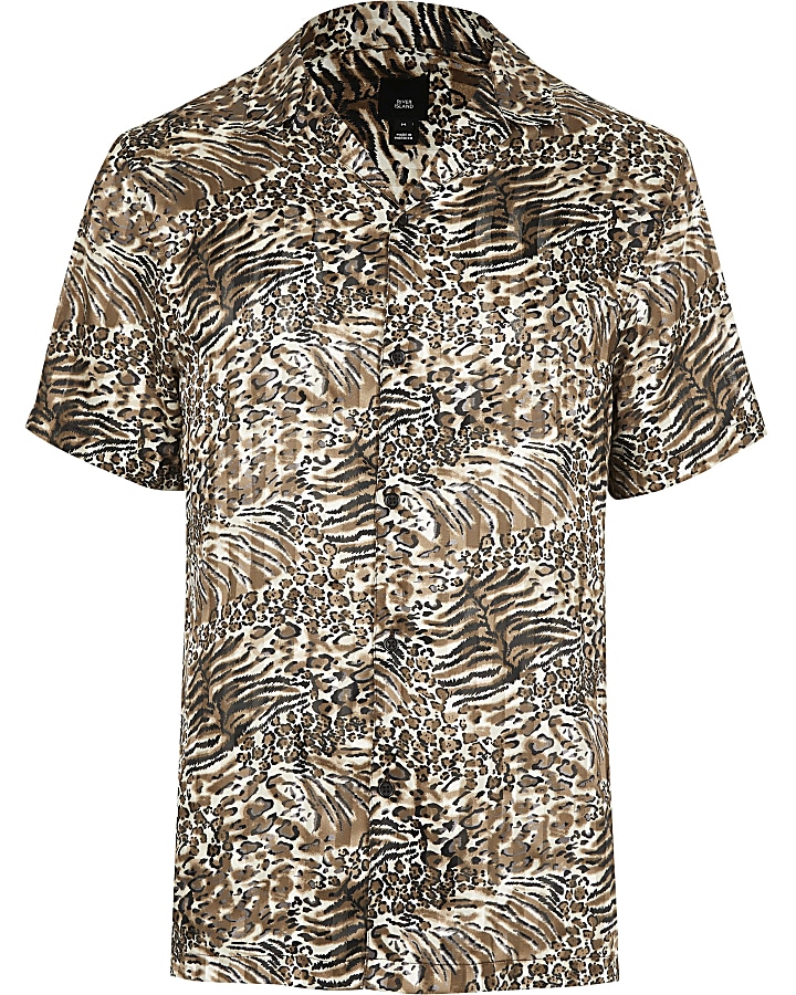 Brown animal print short sleeve shirt