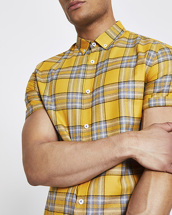 Yellow check slim fit short sleeve shirt