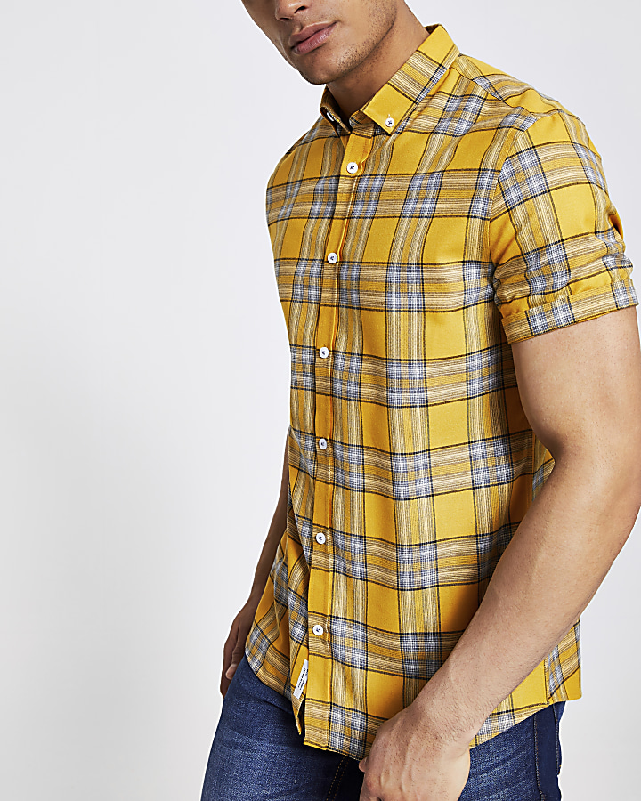 Yellow check slim fit short sleeve shirt