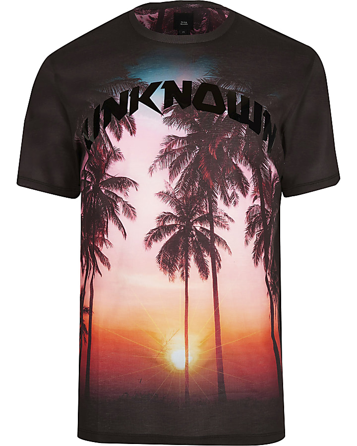 Black palm print slim fit T-shirt