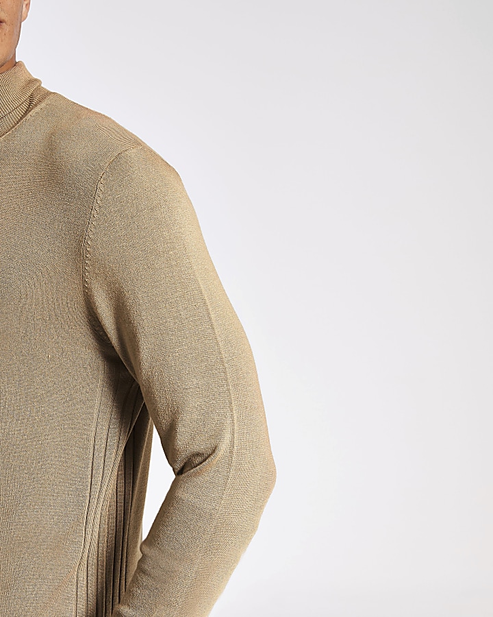 Brown slim fit roll neck knitted jumper