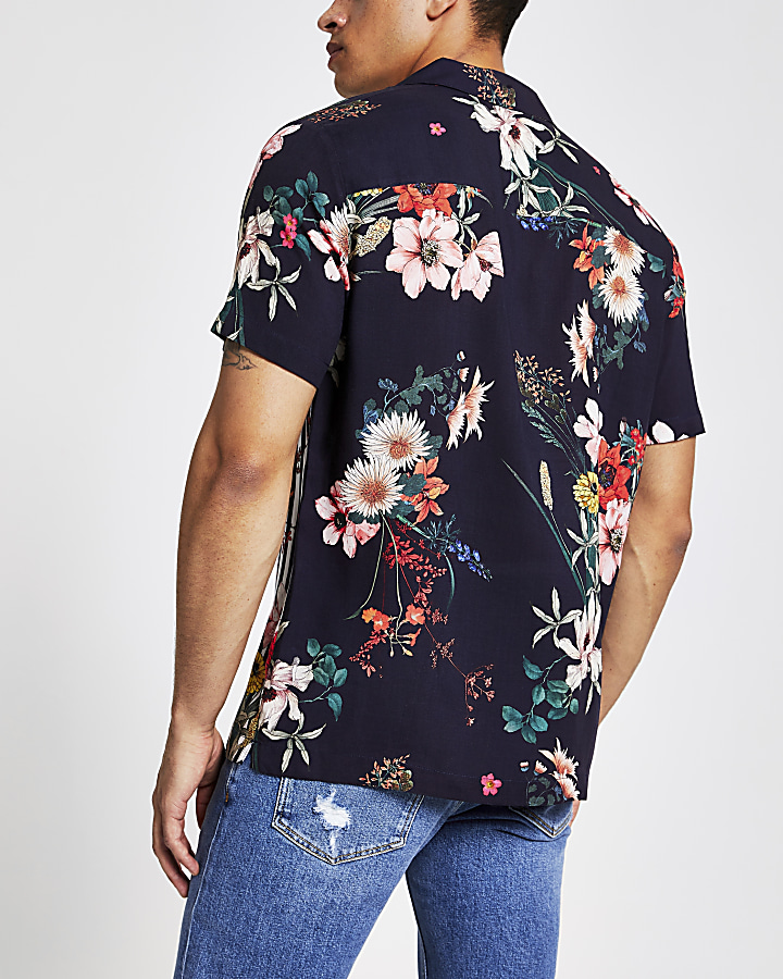 Navy floral print short sleeve revere shirt