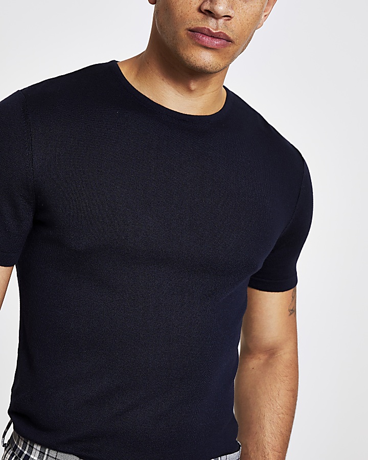 Navy slim fit knitted T-shirt