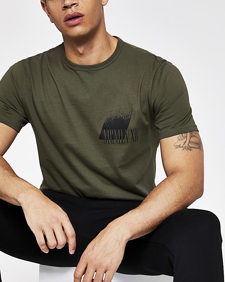 Khaki printed slim fit T-shirt