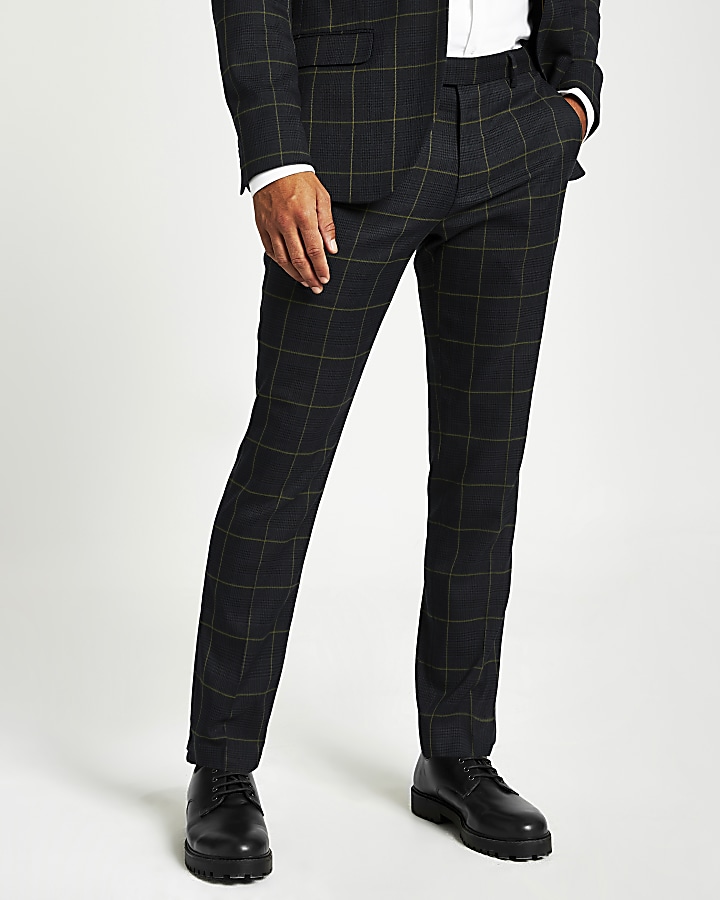 Green check skinny fit suit trousers