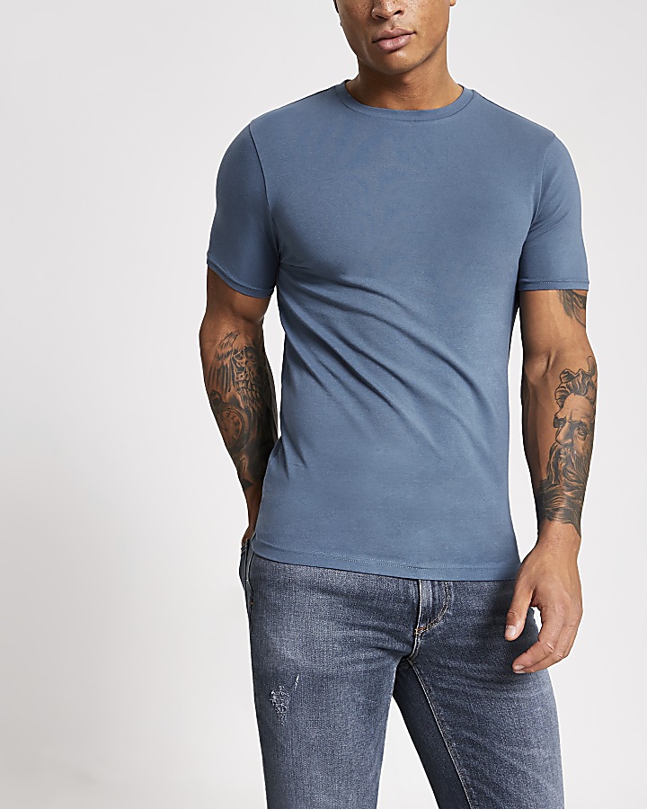 Blue muscle fit crew neck T-shirt