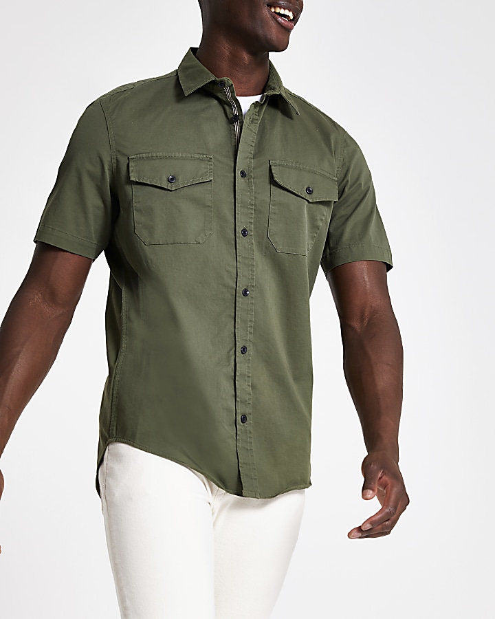 Khaki regular fit short sleeve utility shirt