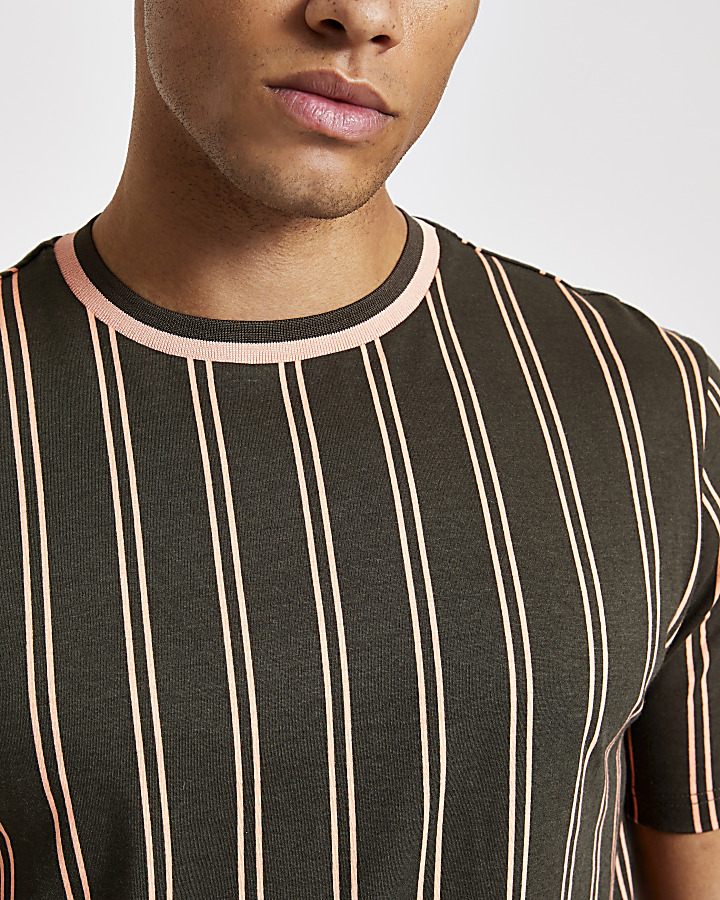 Khaki vertical stripe slim fit T-shirt