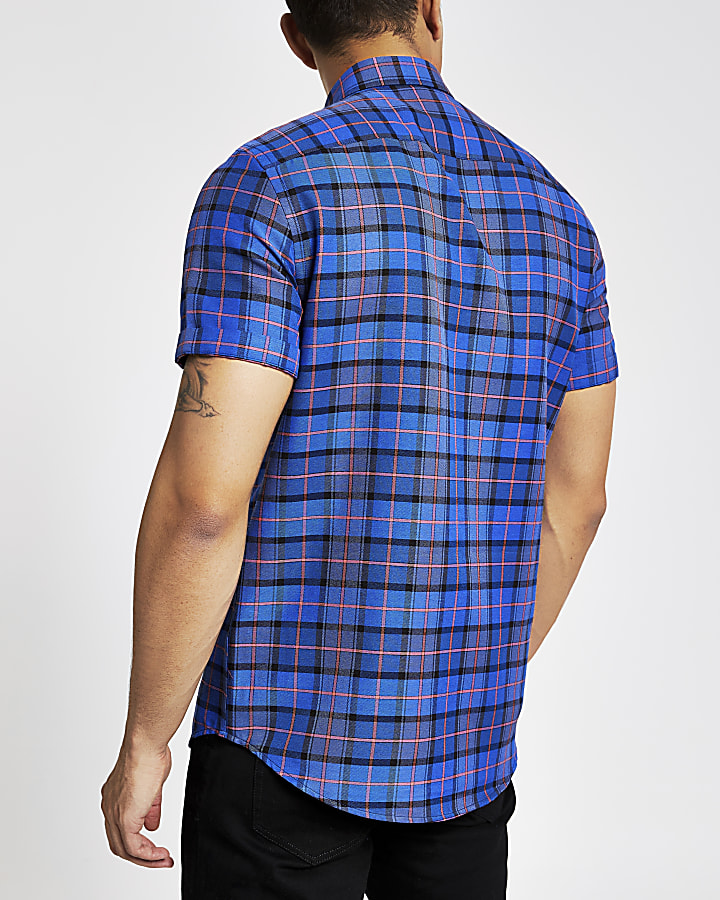 Blue check slim fit short sleeve shirt
