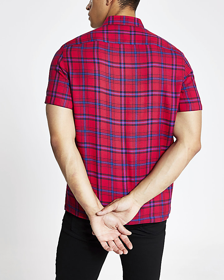 Red check slim fit short sleeve shirt