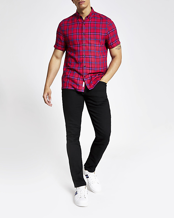 Red check slim fit short sleeve shirt