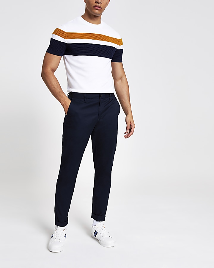 White stripe slim fit knitted T-shirt