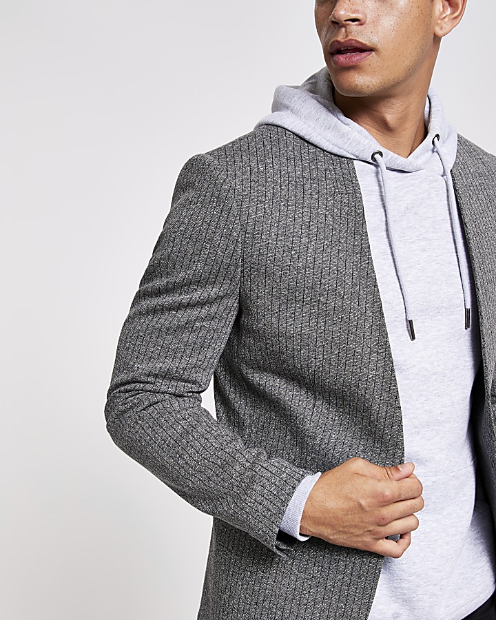 Grey pinstripe collarless skinny fit blazer