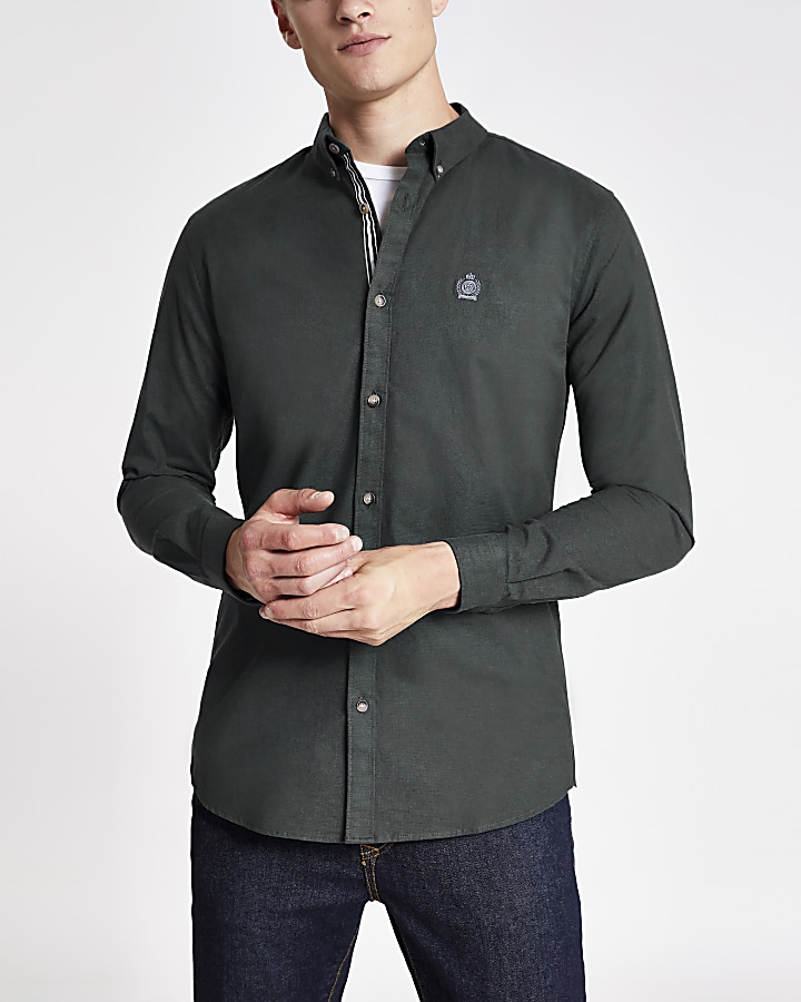 Khaki long sleeve slim fit Oxford shirt