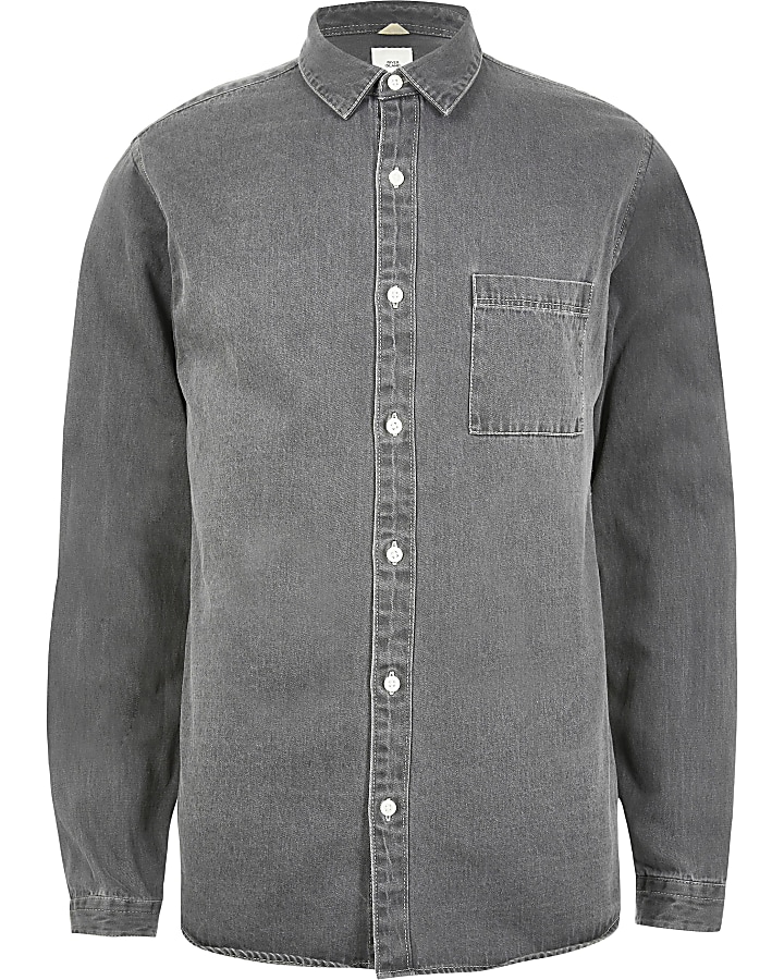 Grey regular fit button up denim shirt