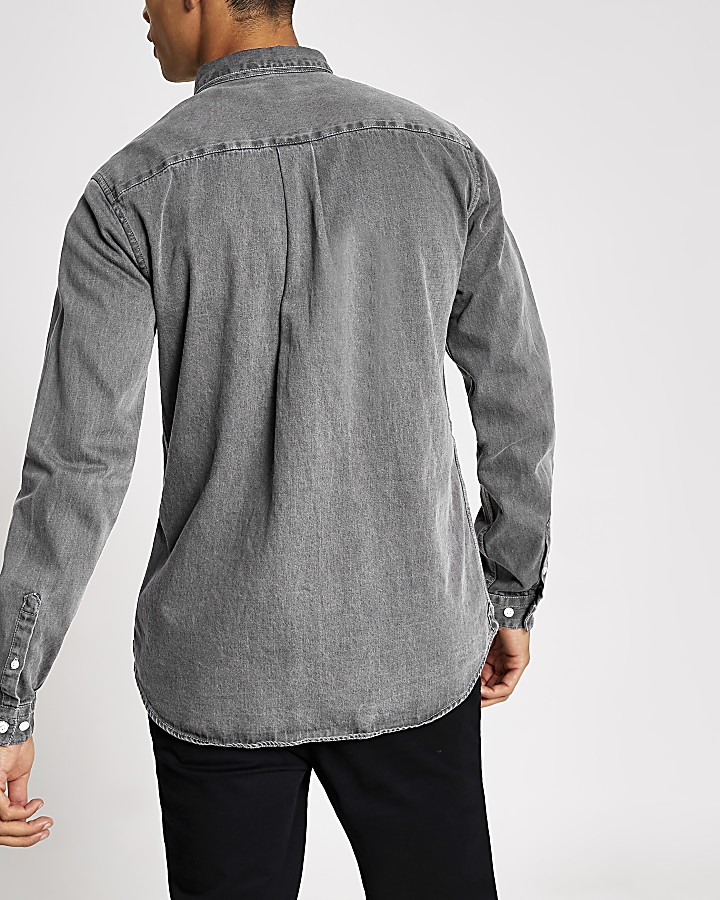 Grey regular fit button up denim shirt