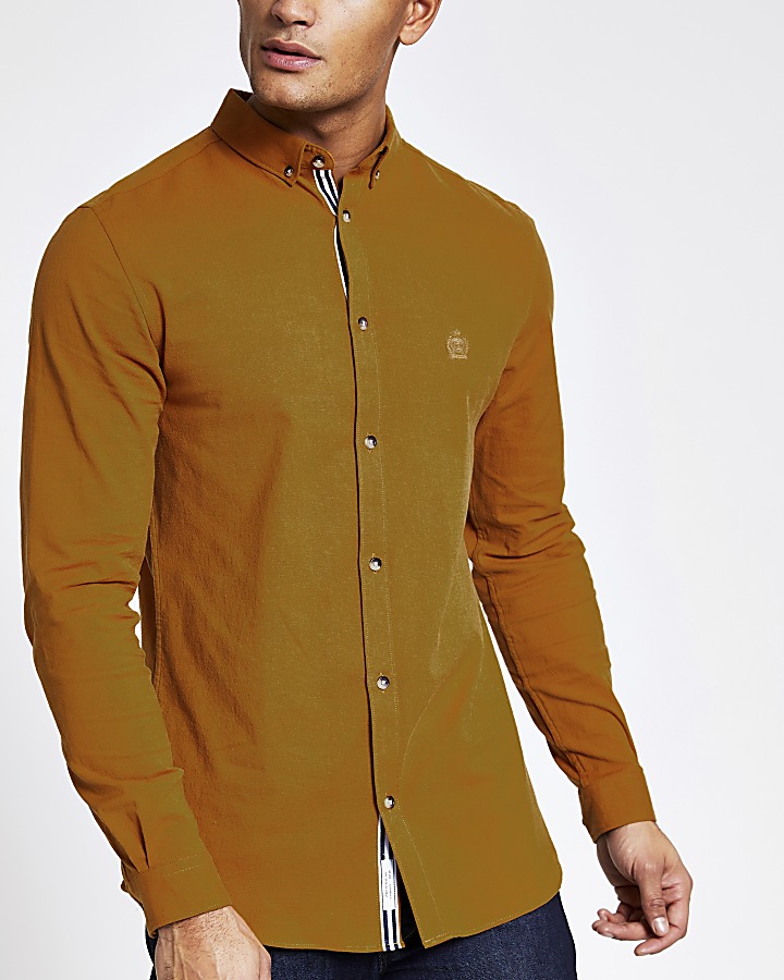Yellow slim fit long sleeve Oxford shirt
