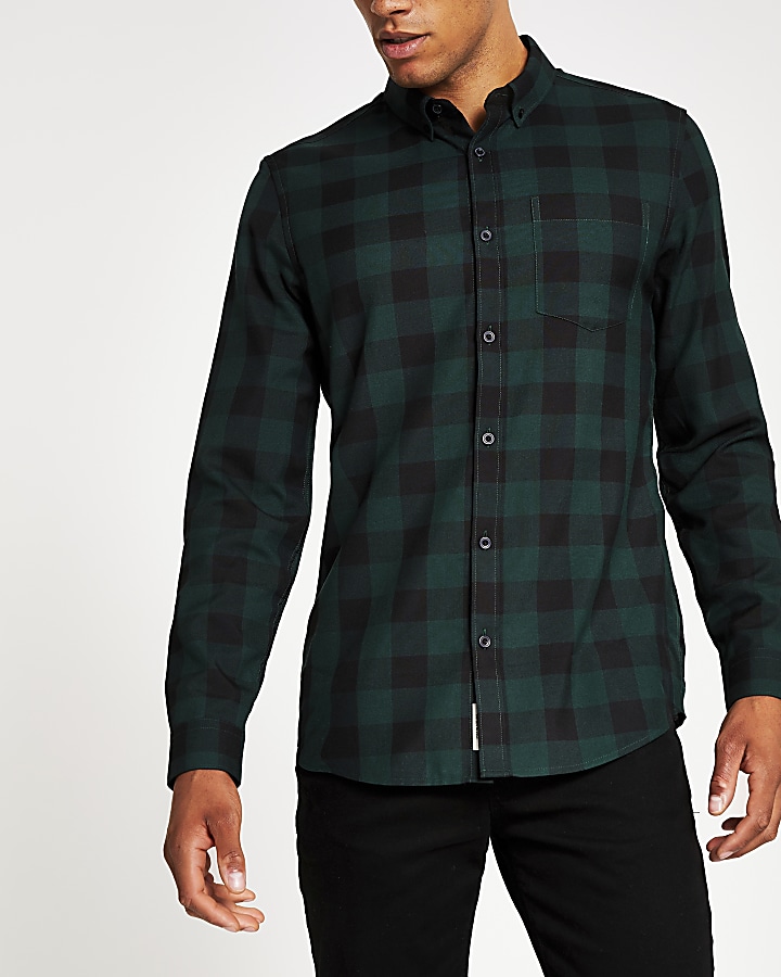 Dark green check slim fit long sleeve shirt