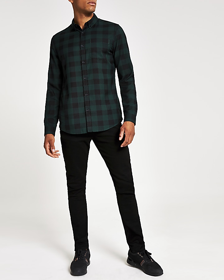 Dark green check slim fit long sleeve shirt