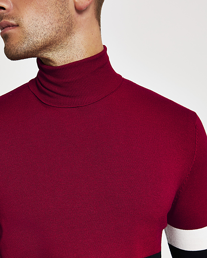 Red colour block slim fit roll neck jumper
