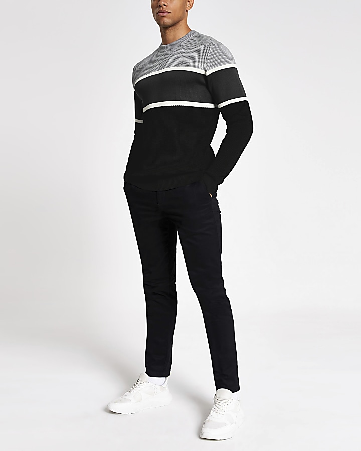 Grey colour blocked knitted slim fit jumper