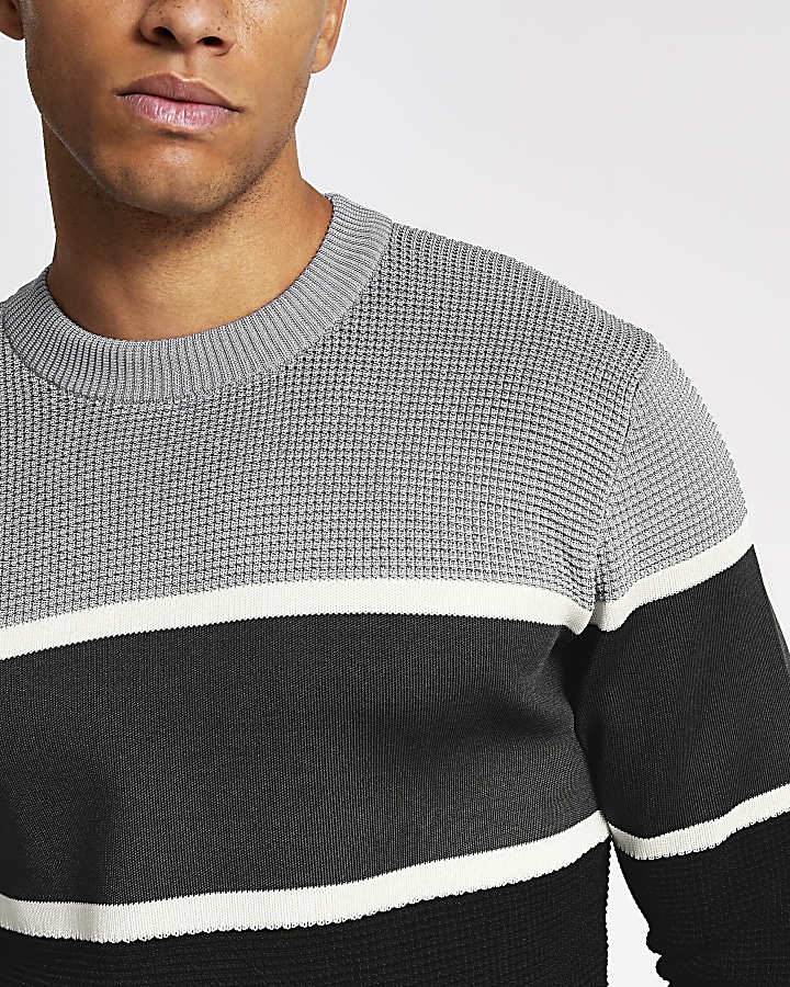 Grey colour blocked knitted slim fit jumper