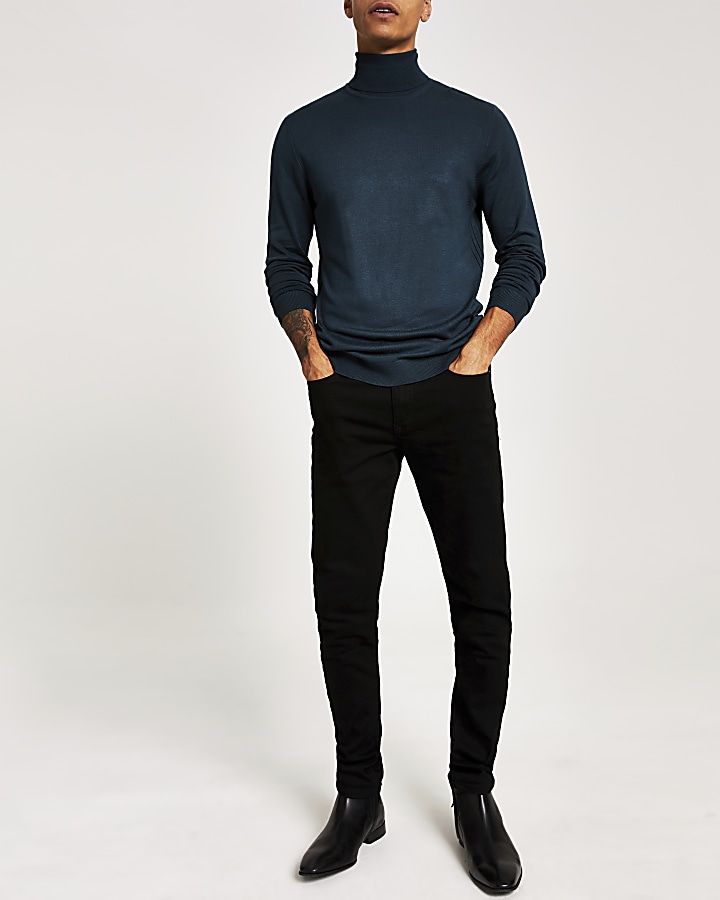 Green slim fit roll neck knitted jumper
