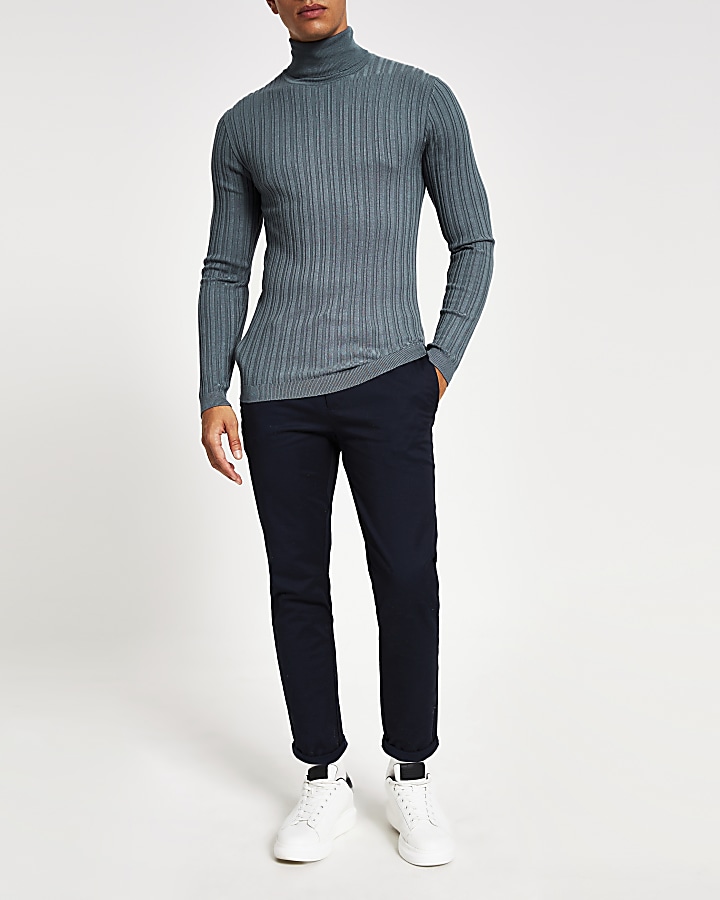 Grey roll neck muscle fit ribbed jumper