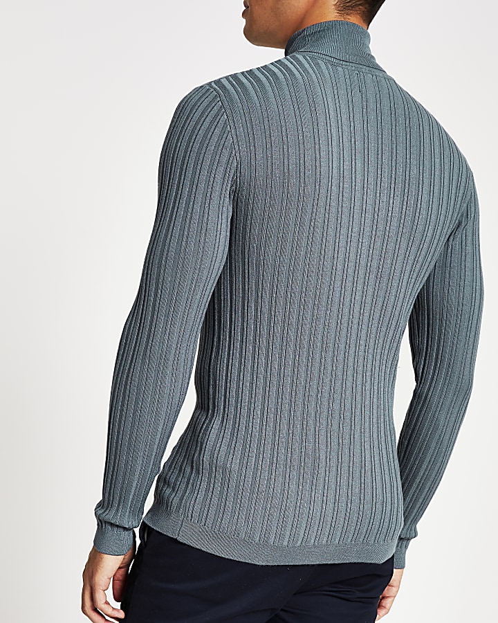 Grey roll neck muscle fit ribbed jumper