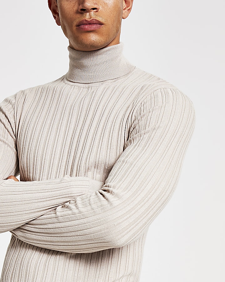 Stone roll neck muscle fit rib knitted jumper