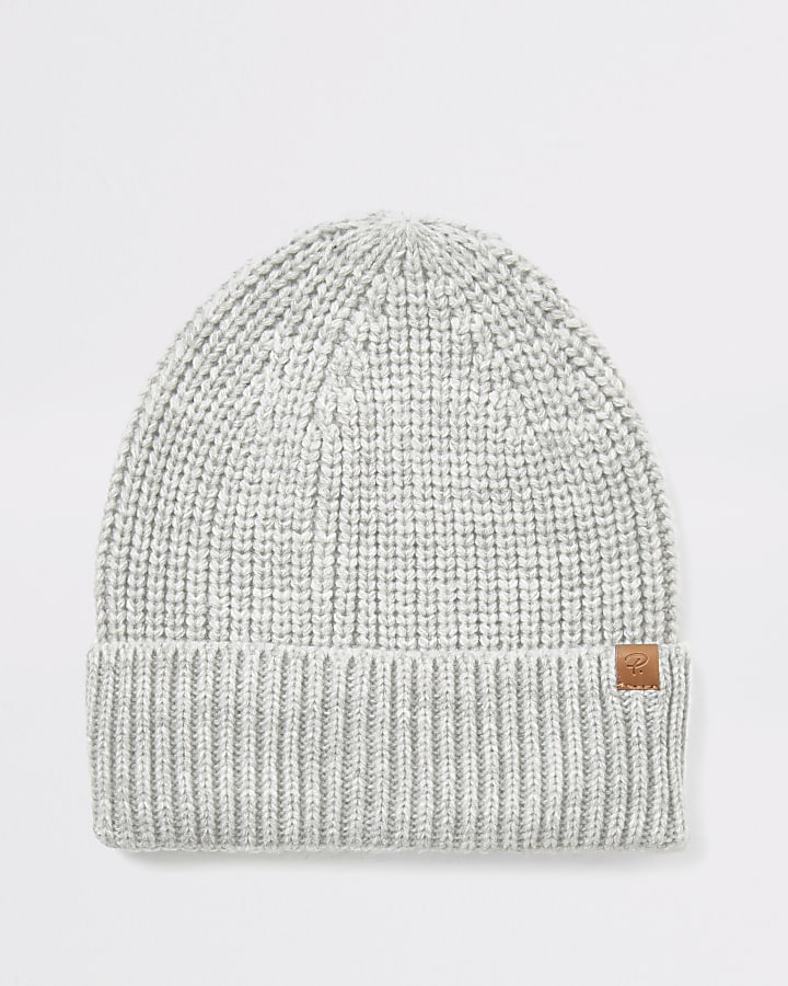 Light grey fisherman knit beanie hat