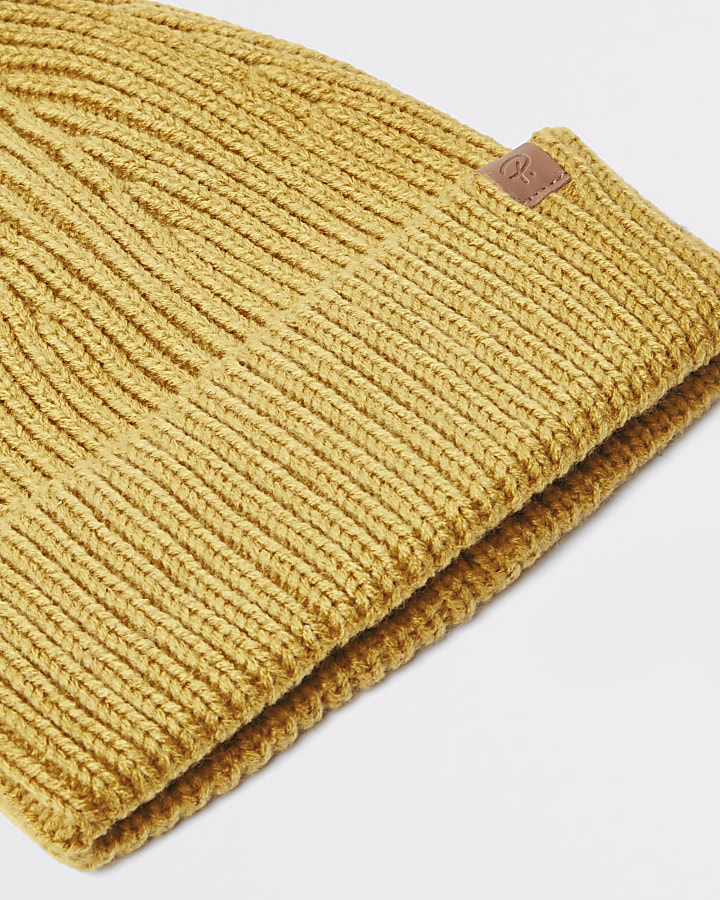 Mustard yellow fisherman knitted beanie hat