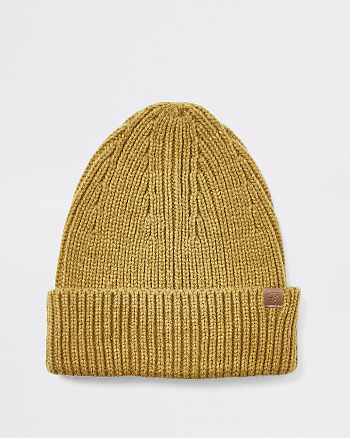 Mustard yellow fisherman knitted beanie hat