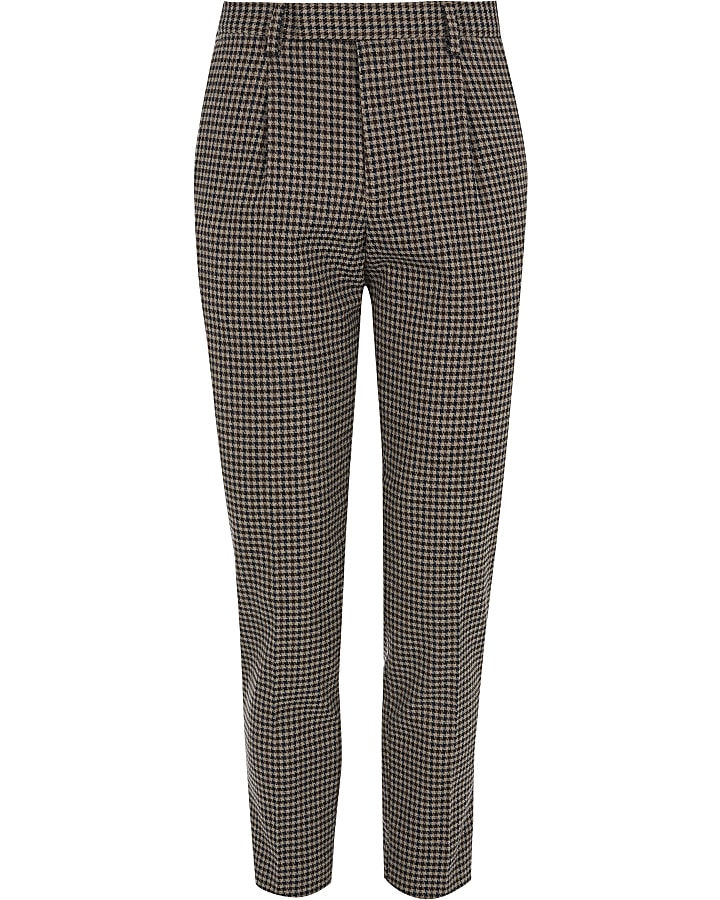 Brown check skinny pleated smart trousers