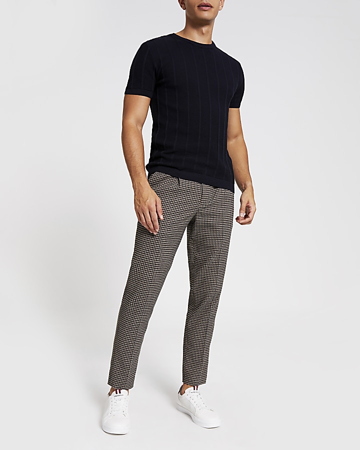 Brown check skinny pleated smart trousers