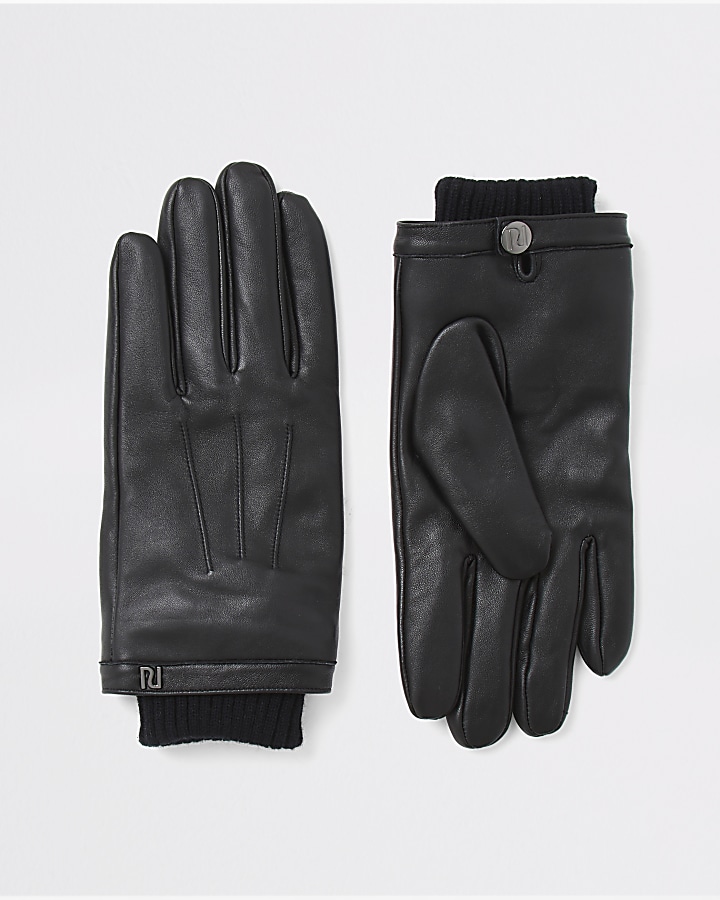 Black leather cuffed gloves