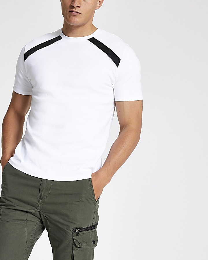 White slim fit contrast tape T-shirt
