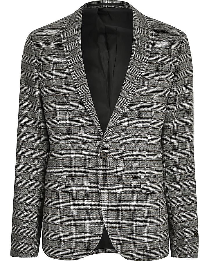 Grey check stretch skinny suit jacket