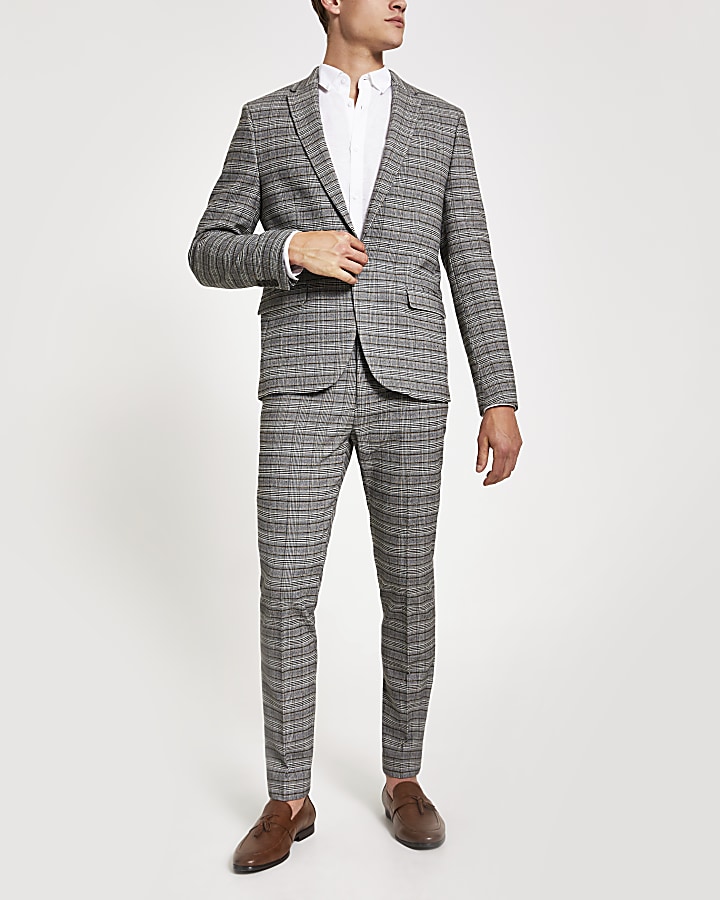 Grey check stretch skinny suit jacket