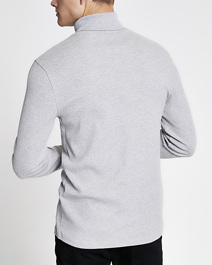 Grey roll neck long sleeve slim fit T-shirt