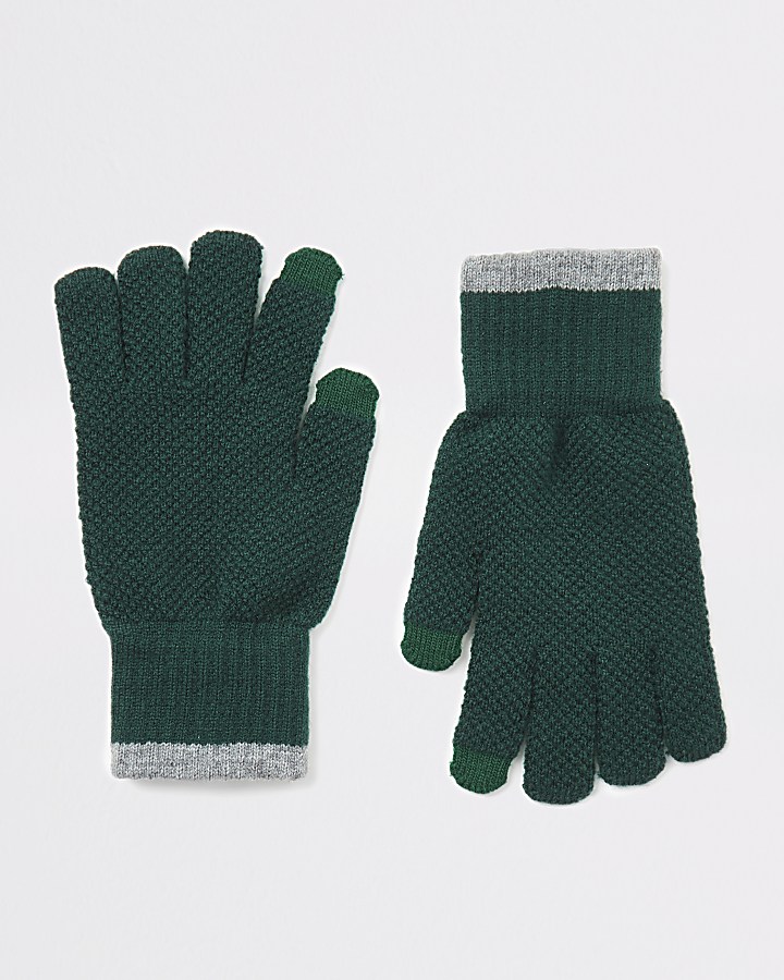 Khaki knitted tipped touchscreen gloves