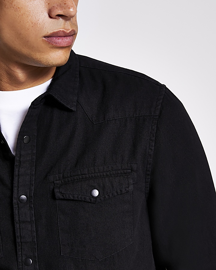 Black double pocket regular fit denim shirt