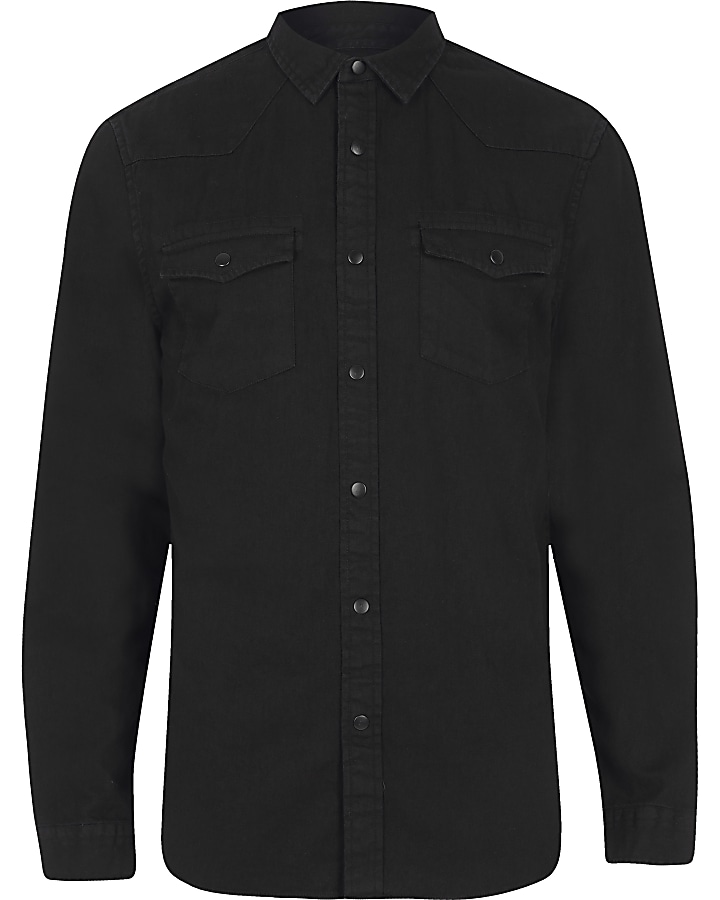 Black double pocket regular fit denim shirt