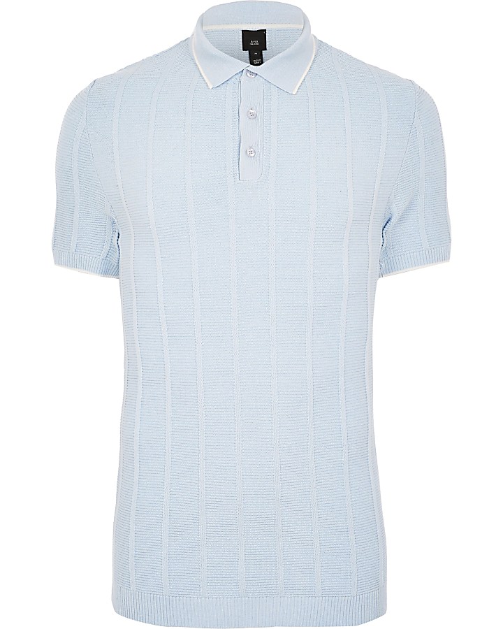 Blue knitted stitch muscle fit polo shirt