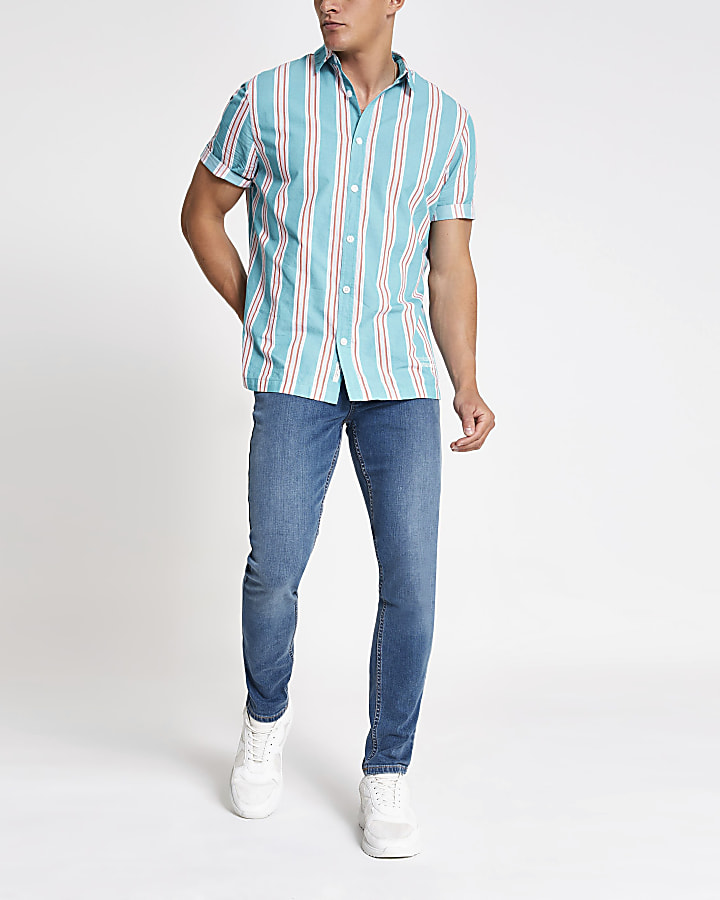 Blue stripe short sleeve regular fit shirt
