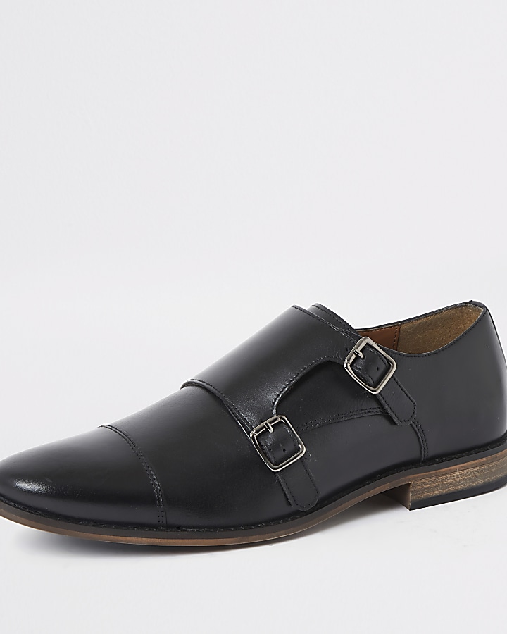 Black leather monk strap derby shoes
